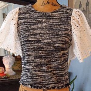Badgley Mischka Black & White Tweed Boucle Mixed Media Eyelet Sleeve Blouse NWT